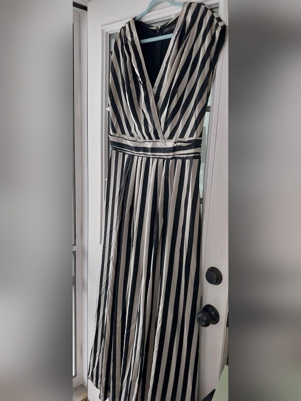 eShakti Striped V-Neck Black and Cream Maxi Dress Plus Size 1X 18W GUC